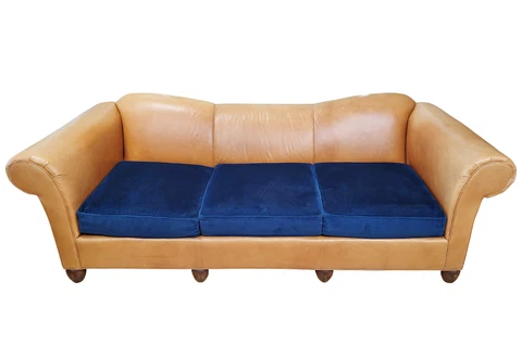 VINTAGE Large ITALIAN Brown LEATHER & Blue Fabric Upholstered 101" SOFA Couch Cover