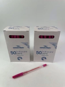 Consortium Pink Ball Point Pen Medium Tip School Ballpoint Pens Pink Ink x 100 - Picture 1 of 13