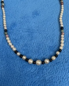 Collana vintage perle tormalina giada e onice 20” con chiusura in argento sterling - Foto 1 di 9