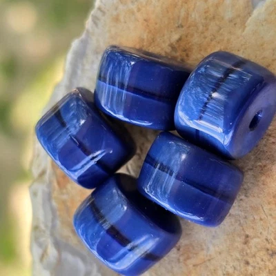 Vintage German Glass Beads Blue Pressed Glass Drum Beads DIY Jewelry Making - Image 1 of 4