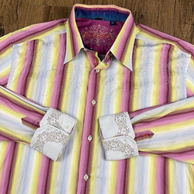 Robert Graham Shirt Mens 2XL Rainbow Stripe Floral Flip Cuff Loud Bold 70s Club - Image 1 of 4