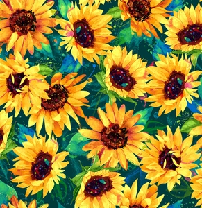 Sunflower Fabric, Full Bloom, Green and Blue Foliage, Sundance, Timeless, CD3301 - Picture 1 of 1