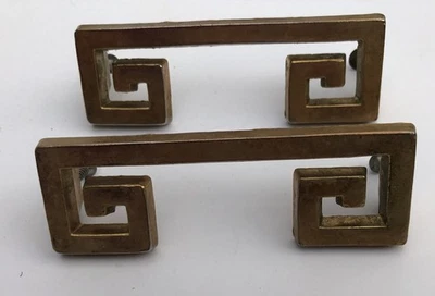 2 Vintage Mid Century Modern Brass Greek Key Grecian Drawer Pulls Large 4.5 in - Image 1 of 4