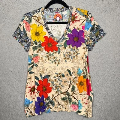 Camiseta Johnny Was Top Mujer S Crema Floral Manga Corta Viscosa Bambú Boho Artística Foto 1 de 4