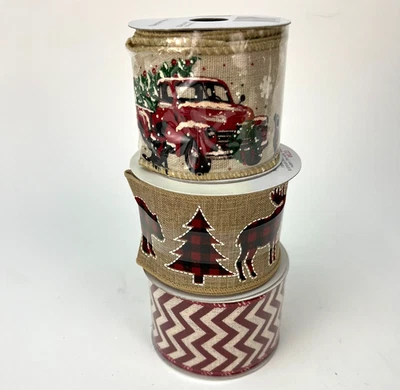 Christmas Holiday Wire Edge Ribbon Lot of 3 Red Burlap Traditional Plaid NEW - Image 1 of 4