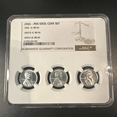 1943 P D S 1c Lincoln Steel Wheat Cent Set NGC MS 64 Three Coin Lot - Tri-Holder - Image 1 of 4