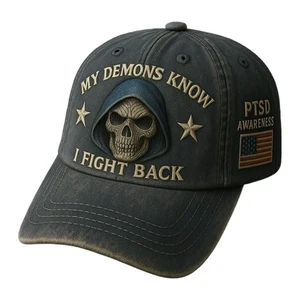 PTSD Awareness Hat – My Demons Know I Fight Back Hat, PTSD Baseball Cap 21-23 In - Picture 1 of 9