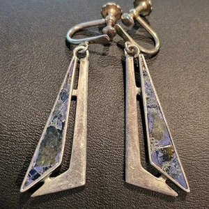 Vintage Taxco Lapis-Inlay Modernist Schraub-Ohrringe Sterlingsilber Adler CCC - Bild 1 von 16