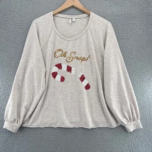 Cato Shirt Women Extra Large Beige Candy Cane Sequin Raglan Christmas Sweatshirt - Picture 1 of 11