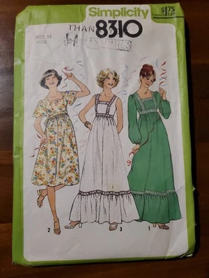 Simplicity 8310 Misses 70s Cottagecore Boho Dress Empire Waist Size 14 FF - Image 1 of 3