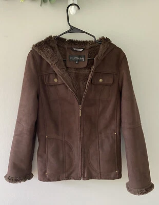 Platinum Utex Petite Brown Suede Faux Fur Lined Hooded Winter Coat Women's S - Image 1 of 4