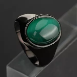 Oval Green Tiger Eye Stone Ring Stainless Steel Fashion Black Wedding Ring Biker - Picture 1 of 3