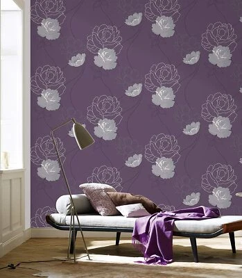 Wallpaper purple white with roses for living room 10.05m x 0.53m (€1.87/sqm) - Image 1 of 4