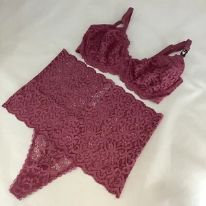Victoria’s Secret Dark Pink Lace Bra & High Waist Thong Set - Size 32DD & M BNWT - Picture 1 of 7