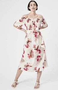 Witchery Dress Size 10 Pink Floral Midi Cotton Off Shoulder Tie Waist Tropical - Picture 1 of 16