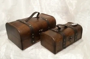 Wooden nesting box pair, vintage chest style, leather handles, 29.5cm-NEW - Picture 1 of 6