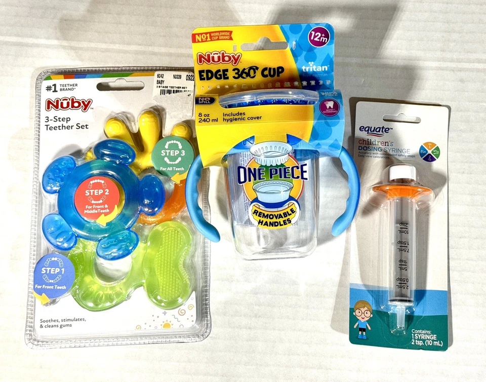 Paquete de 3 mordedores de doble mango Nuby 360 sin derrames Equate para niños nuevo bebé Foto 1 de 4