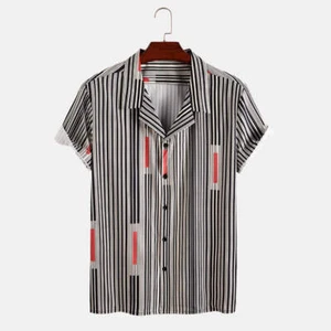 Summer Striped Men's Short Sleeve Thin Slim Fit Casual Cardigan with Lapel Colla - Picture 1 of 6