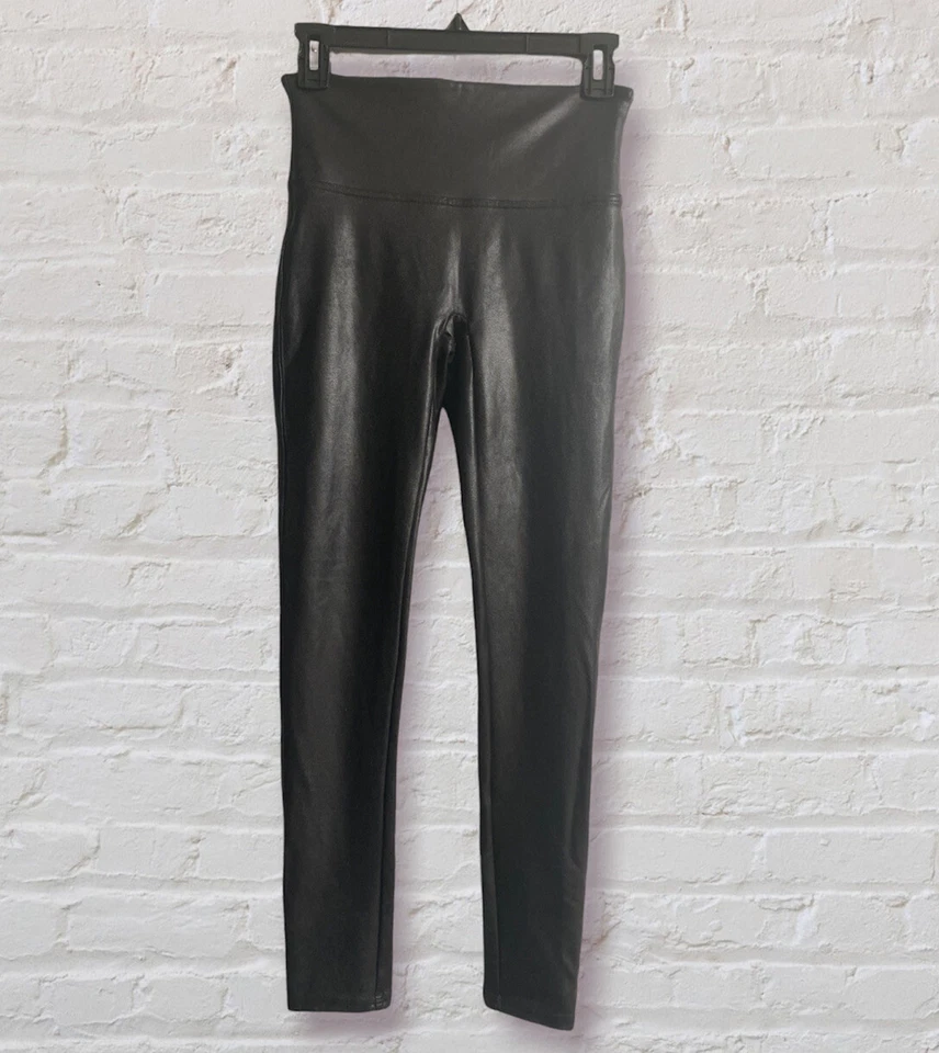 Spanx Black Faux Leather Leggings Womens Size Large Nylon Stretch Style# 2437