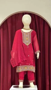 Girls Georgette Kurta with Zariwork in Red - Picture 1 of 4