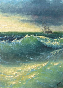 211- 5"x 7" ORIGINAL CANVAS FINE ART PRINT SEASCAPE Wavy Sea Ship Storm Marine - Picture 1 of 1