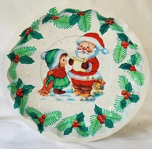 Cuenco de plástico vintage MCM 1980s Santa y lista niño acebo hecho Taiwán - Imagen 1 de 4