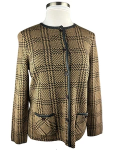 Pendleton Merino Wool Leather Trim Cardigan Sweater Brown Blk Plaid Plus Size 1X - Picture 1 of 12