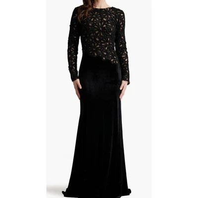 Tadashi Shoji Sequin Lace Bodice Long Sleeve Velvet Gown black/nude NWOT - Image 1 of 4