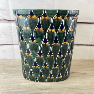Mexican Pottery Trash Can Wastebasket Peacock Feather Talavera? 11" Tall - Picture 1 of 15