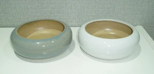 BONSAI POTS x 2 BLUE + GREY GLAZED ROUND VINTAGE H5.5cm x DIA15cm BNIB WITH DEFE - Picture 1 of 4