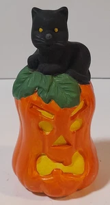 Vintage Halloween Black Cat on Jack-O-Lantern Decoration Ceramic 4" Tall - Picture 1 of 3
