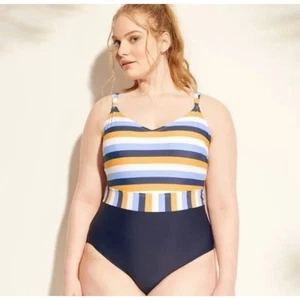 Costume intero Kona Sol a righe giallo blu bianco vita alta taglie forti 20W - Foto 1 di 8