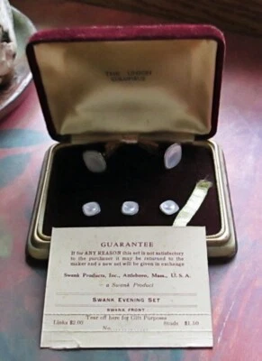 B&W Plate Swank MOP Cufflinks Studs Tac Original Velvet Box Vintage 5 Pc Set - Image 1 of 4