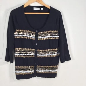 Queenspark womens knit cardigan top size M black 3/4 sleeve beaded Vneck 049107 - Picture 1 of 8