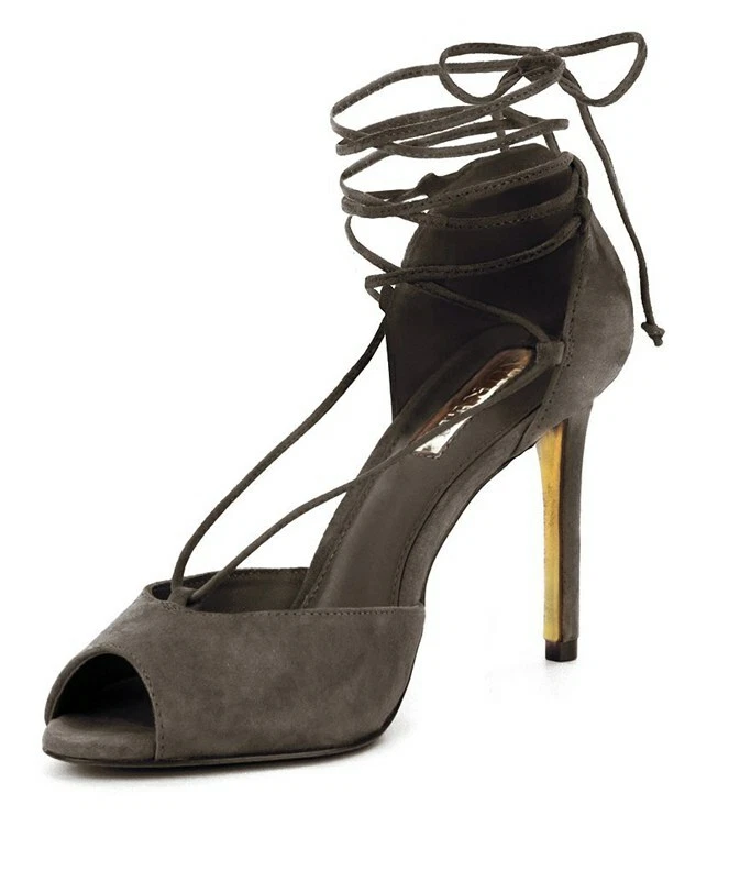 Ralph Lauren Linden Charcoal Black Suede Lace up PEEP Toe Slim Heel Sandal 11 B