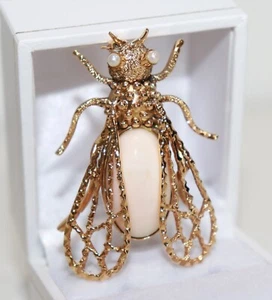Antique 14K gold fly Brooch w/ Natural Pink Coral Moonga Stone Oval - Picture 1 of 8