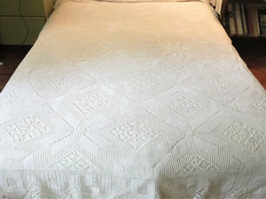 Antique Hand Crocheted Cotton Bedspread Coverlet; 102" x 110" - Picture 1 of 12