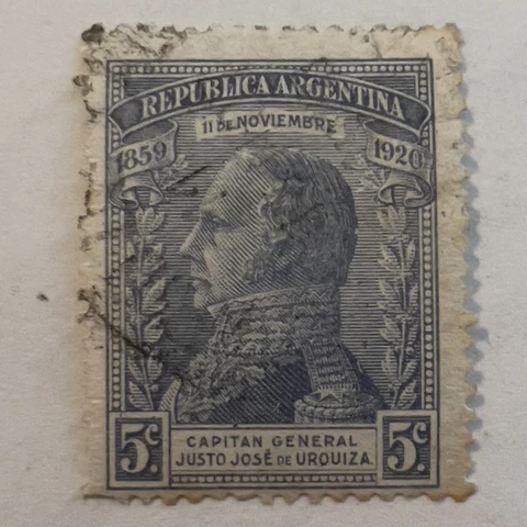 1920 5C ARGENTINA STAMP JUSTO JOSE DE URQUIZA SIGNED ON BACK Cover