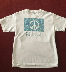 Kids White Graphic T-Shirt Youth Med. 10 - 12 Years with Peace Sign & 'Be Cool' - Picture 1 of 3