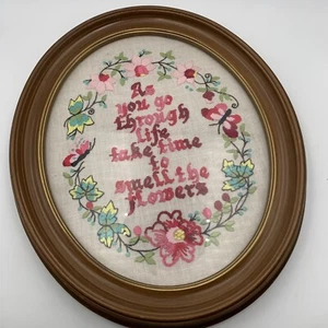 Framed Needlepoint Smell the Flowers Rose Butterfly Oval Grandma Vintage 12" - Picture 1 of 15