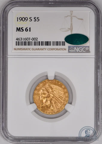 1909-S Five Dollar $5 Gold Indian Head Half Eagle NGC MS61 CAC Cover