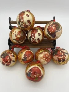 Vintage Pappmaché Weihnachtsschmuck 9er Set Weihnachtsmann & Kinder Decoupage Kugeln - Bild 1 von 5