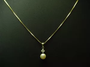 Cadena de oro bicolor 14kt 585 y colgante con diamante y perlas Akoya relleno / 50cm - Imagen 1 de 6
