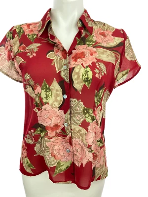 Blusa Emma James Talla 8P Roja con Floral Rosa y Verde Mangas Cortas Botón Delantero Foto 1 de 4