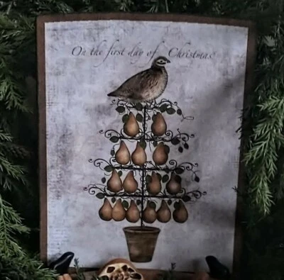 梨树鹧鸪原始圣诞肖像 8 x 10 殖民地民间艺术 — 第 1/4 张图片