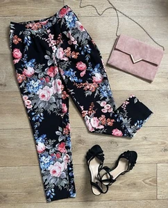 Stylish Floral Print Trousers Black Blue Pink Coral Side Pockets Sz 8 WAREHOUSE - Picture 1 of 9