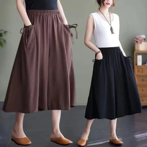 Lady Cropped Pants Wide Leg Trousers Pocket Casual Ethnic Baggy Culottes Classic - Picture 1 of 15