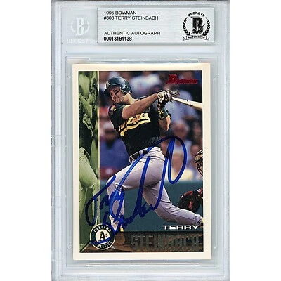 Tarjeta firmada por Terry Steinbach 1995 Bowman #308 AUTO Beckett losa Oakland A’s Foto 1 de 4