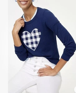 J CREW TEDDIE Navy Blue Gingham Heart Pullover SWEATER Top 100% Cotton NWT XS - Picture 1 of 7