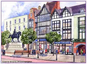 QUEENS SQUARE WOLVERHAMPTON AQUARELL KÜNSTLER DRUCK GRUSSKARTE 8"x 6" - Bild 1 von 1